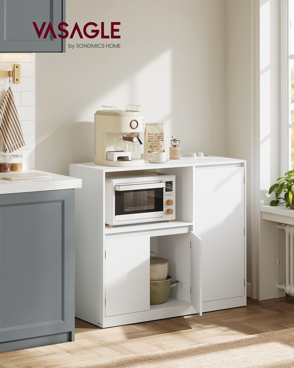 Dulap bucatarie cu suport microunde si prize integrate, Vasagle, 90x40x90 cm, PAL, alb - imagine 7